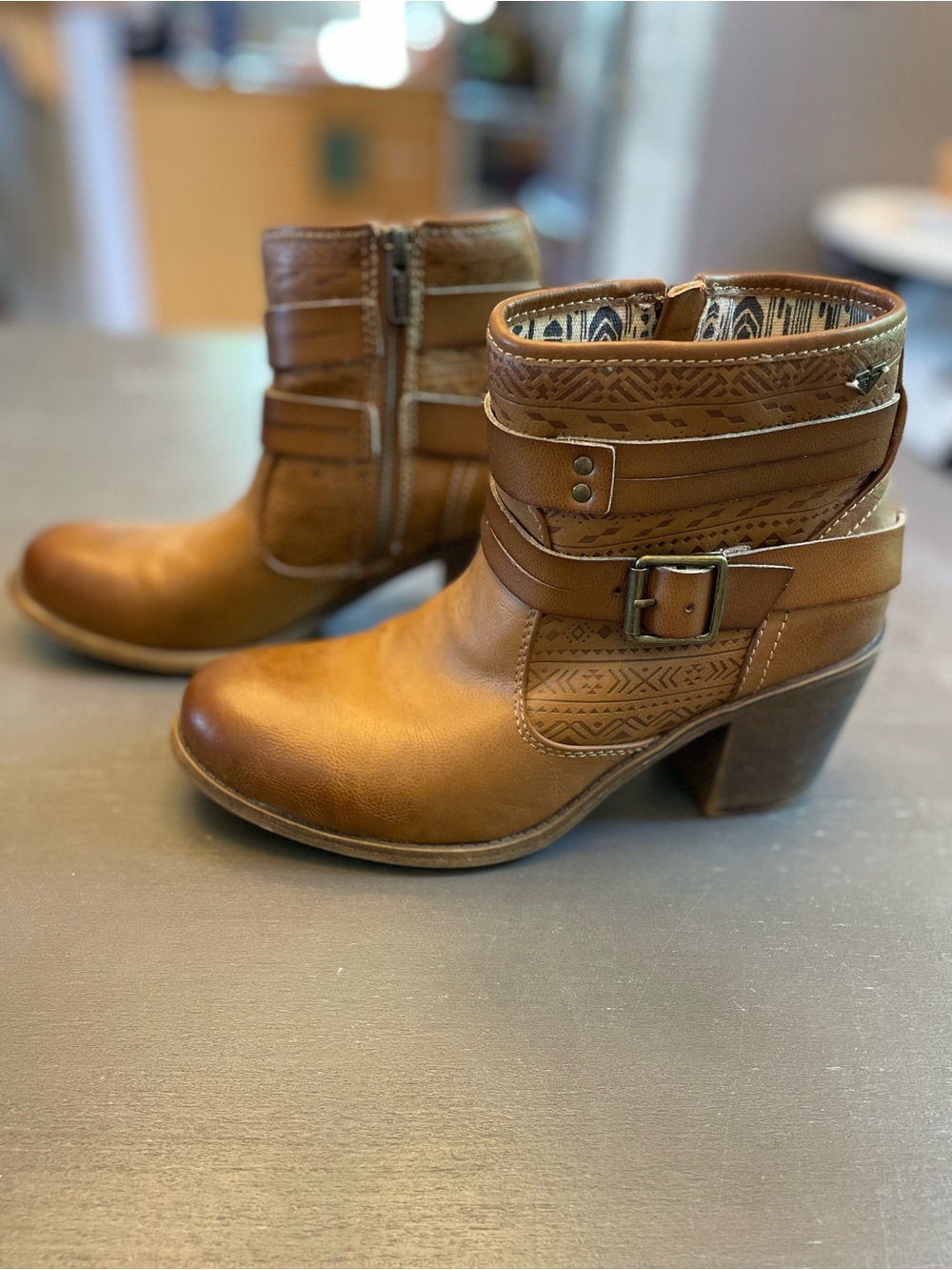 Roxy Brown Leather Ankle Booties with Buckle Strap Detail